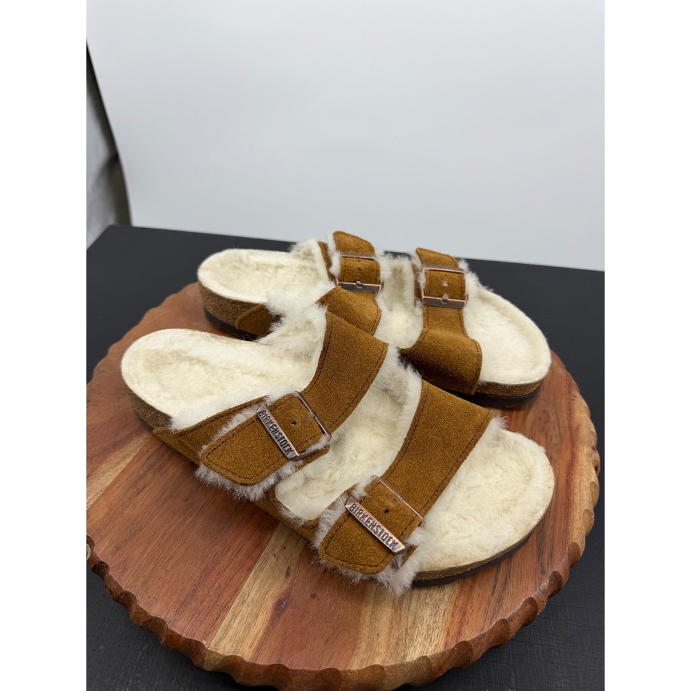 Birkenstock Arizona Sandals Womens 39 8 Mink Suede Shearling Lined Slides